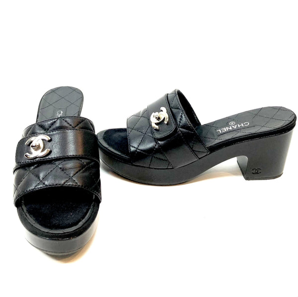 CHANEL Black Quilted Leather Slides/ Mules Size 38.5