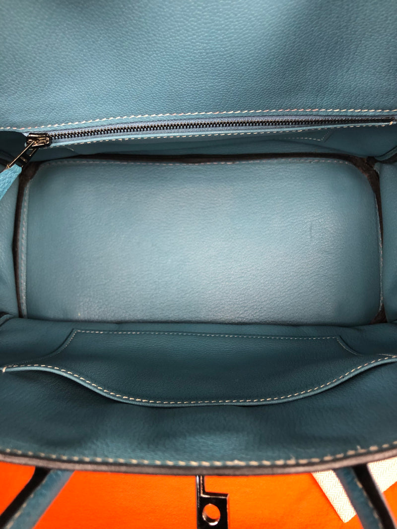 Hermès Birkin 40 HAC Blue Thalassa Togo & White Stitching Palladium  Hardware Bag
